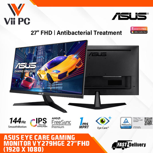 ASUS VY279HGE Eye Care Gaming Monitor – 27" FHD (1920x1080) IPS, 144Hz, SmoothMotion, 1ms (MPRT), FreeSync Premium™, Eye Care Plus technology, Blue Light Filter, Flicker Free, antibacterial treatment