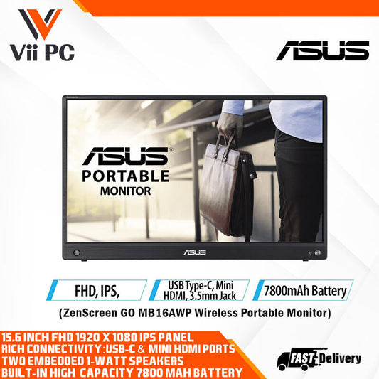ASUS ZenScreen Go MB16AWP Wireless Portable Monitor - 16" (15.6" viewable), Wireless mirroring, IPS, USB Type-C, mini HDMI, Built-in battery, Flicker Free, Blue Light Filter, Anti-glare surface, Tripod socket, ZenScreen sleeve, support iOS, Android