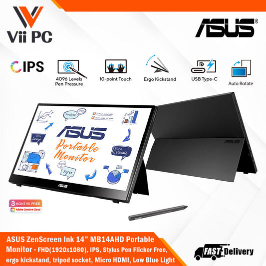 ASUS ZenScreen Ink MB14AHD Portable Monitor - 14" FHD (1920x1080) IPS, 10-point touch, Stylus Pen (MPP2.0), USB Type-C, Micro HDMI, ergo kickstand, tripod socket, ASUS Flicker Free and Low Blue Light, ZenScreen sleeve