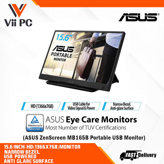 ASUS ZenScreen MB165B Portable USB Monitor - 16" (15.6" viewable), HD(1366x768), Narrow Bezel, USB-powered, Anti-glare surface, ZenScreen sleeve