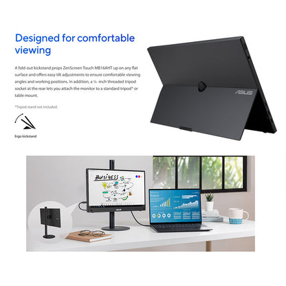 ASUS ZenScreen Touch MB16AHT Portable Monitor - 16" FHD (1920x1080), IPS, 10-point touch, Mini-HDMI, ergo kickstand, tripod socket, ASUS Flicker Free and Low Blue Light