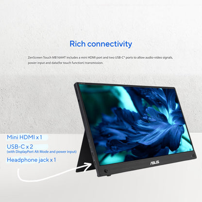 ASUS ZenScreen Touch MB16AHT Portable Monitor - 16" FHD (1920x1080), IPS, 10-point touch, Mini-HDMI, ergo kickstand, tripod socket, ASUS Flicker Free and Low Blue Light