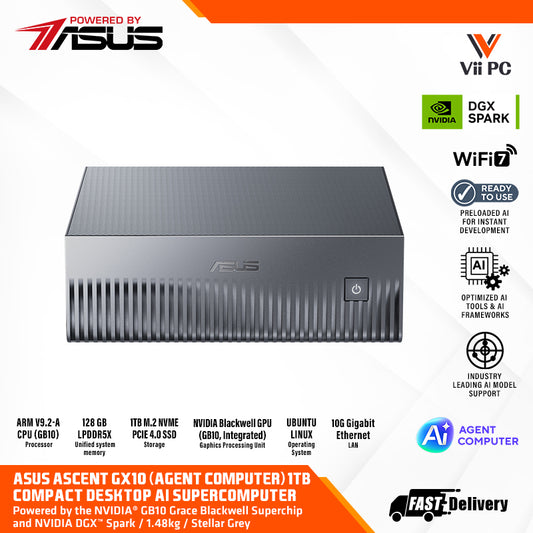 ASUS Ascent GX10 (Agent Computer) Compact Desktop AI Supercomputer - 1TB / 128GB LPDDR5X / NVIDIA DGX™ OS with Ubuntu Linux / NVIDIA AI Software Stack / WIFI 7