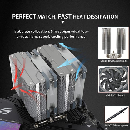 Thermalright Peerless Assassin 120 PA120 CPU Air Cooler, 6 Heat Pipes, Dual 120mm TL-C12 PWM Fan, Aluminium Heatsink Cover, AGHP Technology, for AMD AM4/AM5 Intel LGA 1700/115X/1200/2011/2066 BLACK/WHITE/GREY