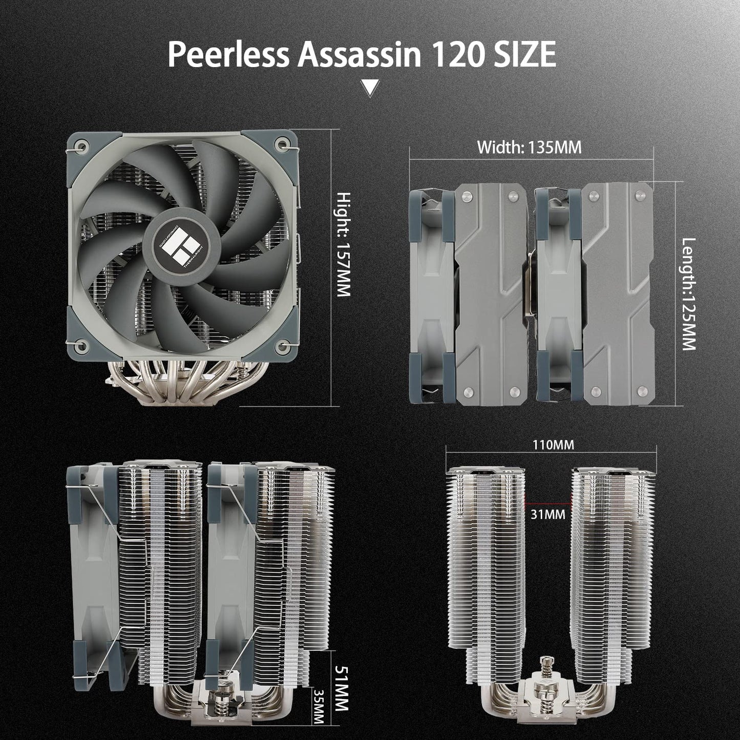 Thermalright Peerless Assassin 120 PA120 CPU Air Cooler, 6 Heat Pipes, Dual 120mm TL-C12 PWM Fan, Aluminium Heatsink Cover, AGHP Technology, for AMD AM4/AM5 Intel LGA 1700/115X/1200/2011/2066 BLACK/WHITE/GREY