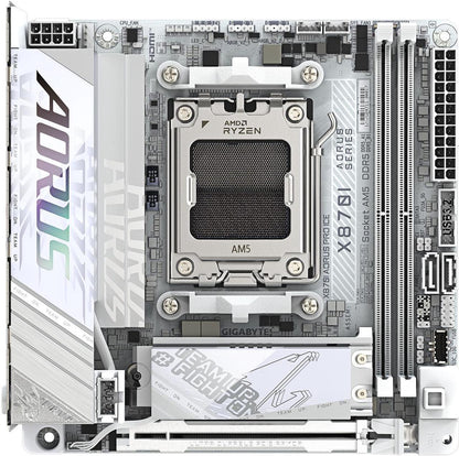 GIGABYTE X870I AORUS PRO ICE AMD AM5 LGA 1718 Gaming Motherboard, Mini-ITX, DDR5, 2x M.2, PCIe 5.0, USB-C, WIFI7, 2.5GbE LAN, EZ-Latch