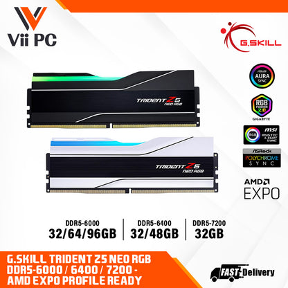 G.SKILL Trident Z5 NEO RGB: 32GB/48GB/64GB/96GB DDR5-6000/6400/7200 MT/s - AMD EXPO Profile Ready (BLACK/WHITE)