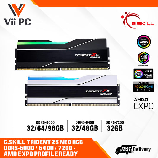 G.SKILL Trident Z5 NEO RGB: 32GB/48GB/64GB/96GB DDR5-6000/6400/7200 MT/s - AMD EXPO Profile Ready (BLACK/WHITE)