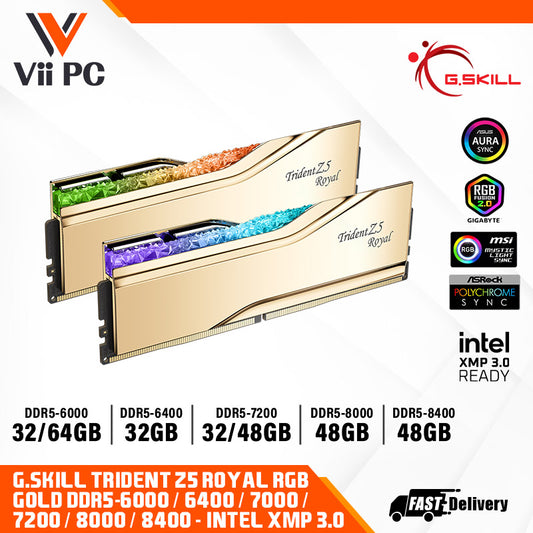 G.SKILL Trident Z5 Royal RGB Series (GOLD): 32GB/48GB/64GB DDR5-6000/6400/7200/8000/8400 MT/s - Intel XMP 3.0 Ready