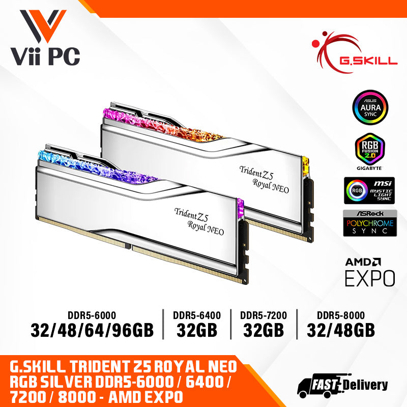 G.SKILL Trident Z5 Royal NEO RGB Series (SILVER): 32GB/48GB/64GB/96GB DDR5-6000/6400/7200/8000 MT/s - AMD EXPO Profile Ready
