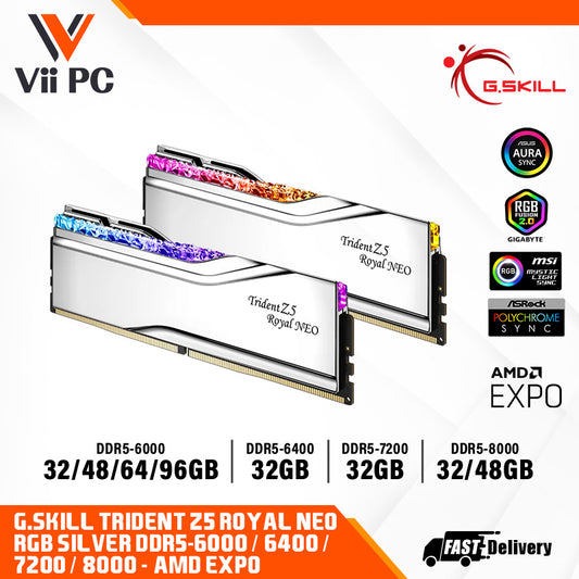 G.SKILL Trident Z5 Royal NEO RGB Series (SILVER): 32GB/48GB/64GB/96GB DDR5-6000/6400/7200/8000 MT/s - AMD EXPO Profile Ready