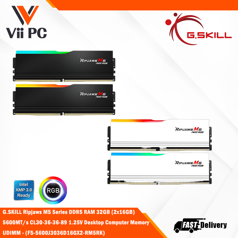 G.SKILL RIPJAWS M5 Series (Intel XMP 3.0) DDR5 RAM 32GB (2x16GB) 5600MT/s CL30-36-36-89 / 1.25V / Desktop Computer Memory UDIMM - Matte Black/White (F5-5600J3036D16GX2-RM5RK)