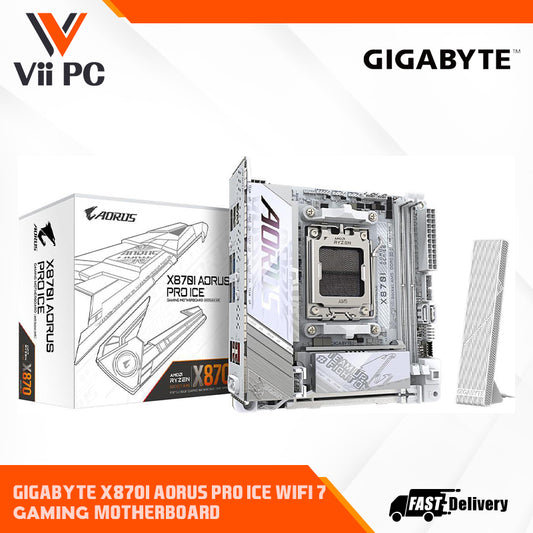 GIGABYTE X870I AORUS PRO ICE AMD AM5 LGA 1718 Gaming Motherboard, Mini-ITX, DDR5, 2x M.2, PCIe 5.0, USB-C, WIFI7, 2.5GbE LAN, EZ-Latch