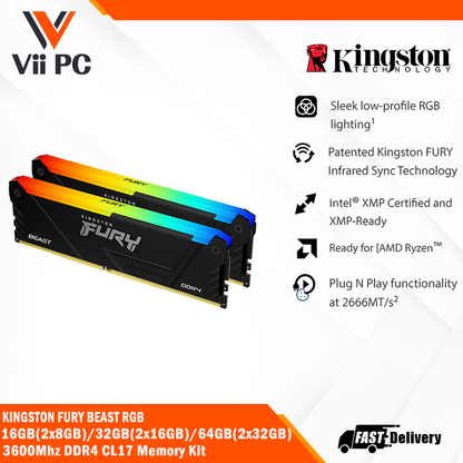 Kingston FURY Beast RGB 16GB(2x8GB)/32GB(2x16GB)/64GB(2x32GB) 3600Mhz DDR4 CL17 Memory Kit