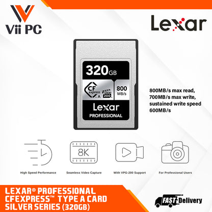 Lexar® Professional CFexpress™ Type A Card SILVER Series (160GB / 320GB) - 800MB/s max read, 700MB/s max write, sustained write speed 600MB/s