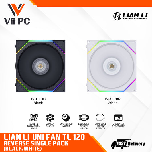 LIAN LI UNI FAN TL120 RGB REVERSE Single Pack BLACK/WHITE Cooler - 3 Yrs Wty