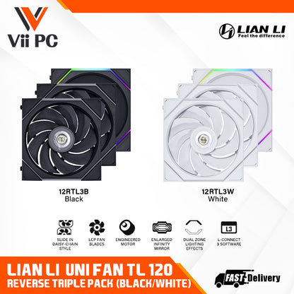 LIAN LI UNI FAN TL120 REVERSE RGB Triple Pack BLACK Cooler/WHITE Cooler with CONTROLLER - 3 Yrs Wty