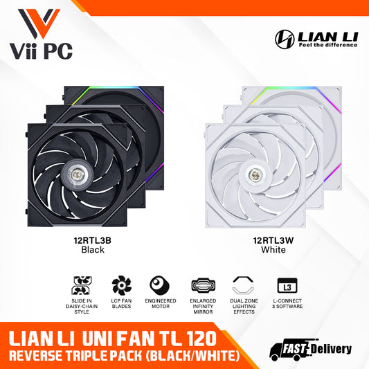 LIAN LI UNI FAN TL120 REVERSE RGB Triple Pack BLACK Cooler/WHITE Cooler with CONTROLLER - 3 Yrs Wty