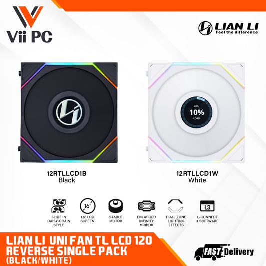 LIAN LI UNI FAN REVERSE TL120 LCD 120MM Single Pack BLACK/WHITE - 3 Yrs Wty