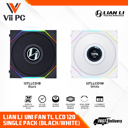 LIAN LI UNI FAN TL120 LCD 120MM Single Pack BLACK/WHITE - 3 Yrs Wty