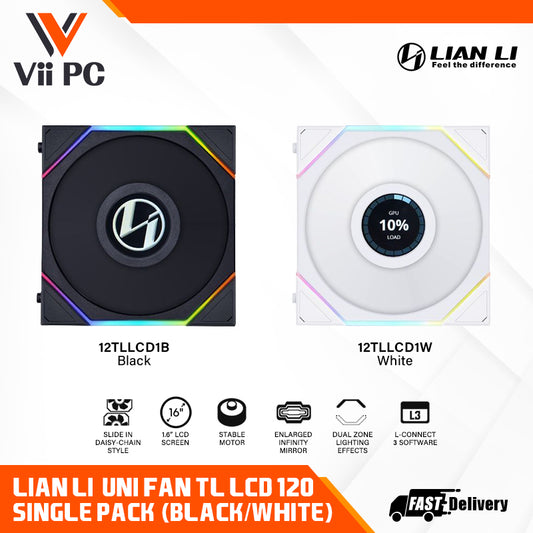 LIAN LI UNI FAN TL120 LCD 120MM Single Pack BLACK/WHITE - 3 Yrs Wty