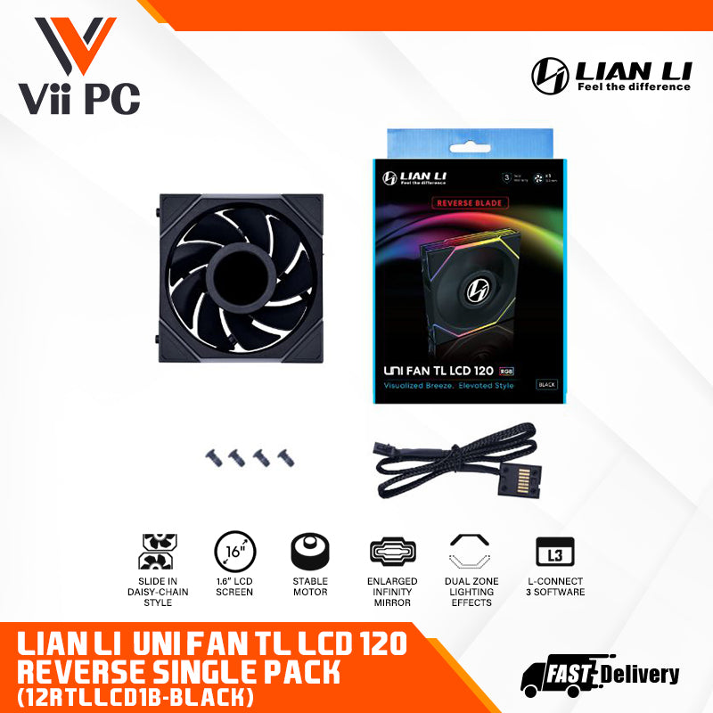 LIAN LI UNI FAN REVERSE TL120 LCD 120MM Single Pack BLACK/WHITE - 3 Yrs Wty