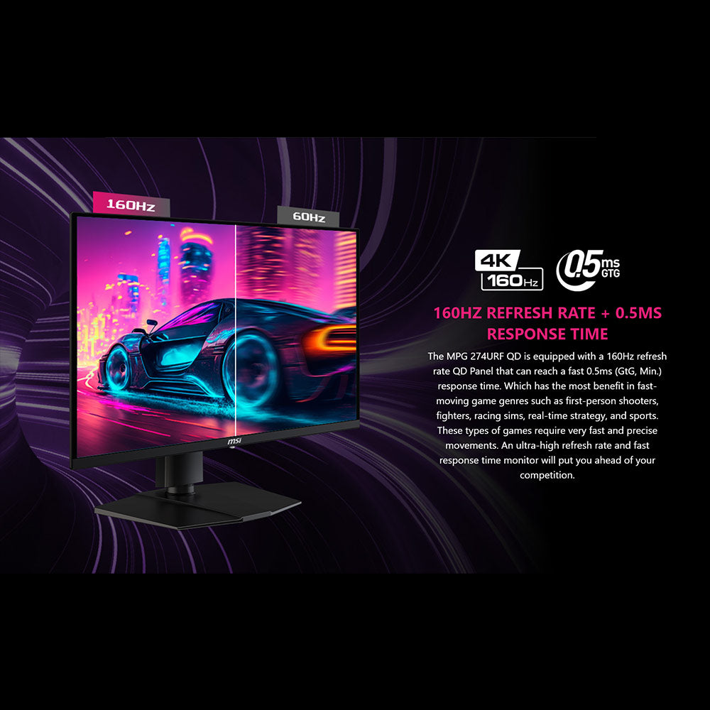 MSI  MPG 274URF QD 4K Gaming Monitor - 27" UHD (3840x2160), 160Hz, 0.5ms (GtG), RAPID IPS panel, AMD FREESYNC Premium, VESA DisplayHDR 400, MSI Mystic Light, USB Type-C (65W), HDMI 2.1