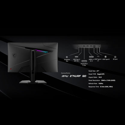 MSI  MPG 274URF QD 4K Gaming Monitor - 27" UHD (3840x2160), 160Hz, 0.5ms (GtG), RAPID IPS panel, AMD FREESYNC Premium, VESA DisplayHDR 400, MSI Mystic Light, USB Type-C (65W), HDMI 2.1