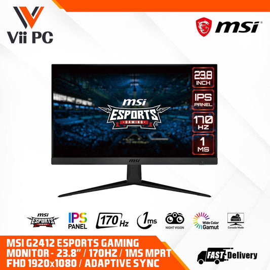 MSI G2412 Esports Gaming Monitor - 23.8” FHD (1920x1080) 170hz, 1ms, IPS panel, Night Vision, Anti-Flicker and Less Blue Light