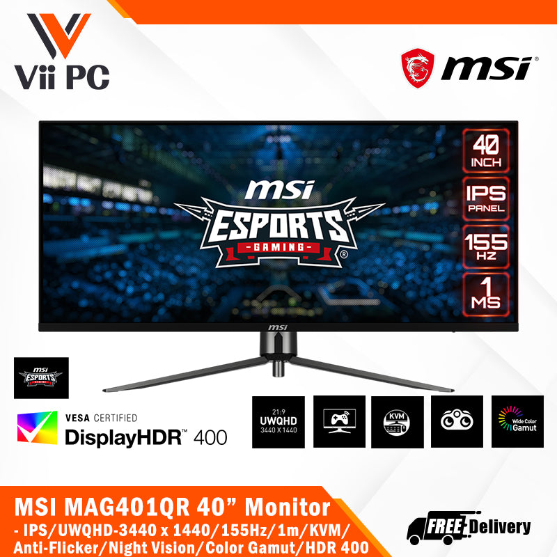 MSI MAG401QR Ultrawide Gaming Monitor - 40" IPS UWQHD (3440 x 1440), 155HZ, 1MS, HDR400, IPS, USB Type-C, KVM, Adaptive Sync, MSI Mystic Light