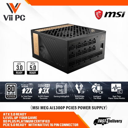 MSI MEG Ai1300P PCIE5 ATX3.0 80 Plus Platinum 1300W Full Modular Active PFC Power Supply - Supports Nvidia GeForce RTX™ 40 Series graphics cards