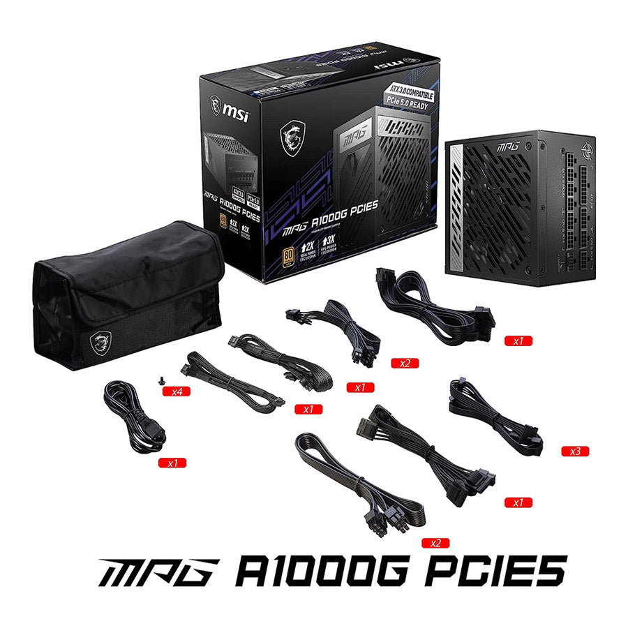 MSI MPG A1000G PCIE 5.0 ATX 3.0 80 Plus® Gold 1000W Full Modular Gaming Power Supply - 12VHPWR Cable, ATX 3.0 compatible, Supports Nvidia® GeForce RTX™ 40 Series