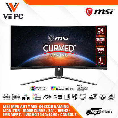 MSI MPG ARTYMIS 343CQR Gaming Monitor - 34" 3440 x 1440 (UWQHD), VA, 165Hz, FreeSync Premium, HDR 400, HDMI, DisplayPort, USB C, Tilt, Swivel, Height Adjustable (Black)