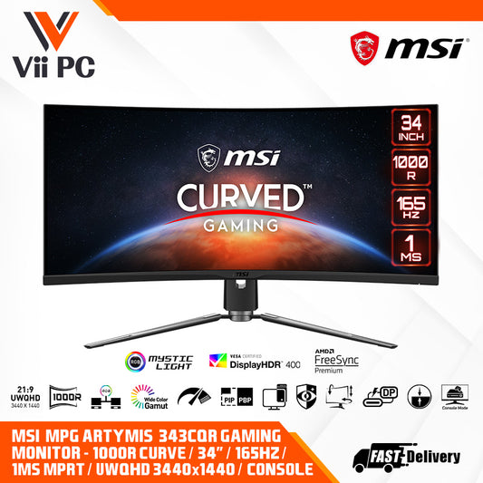 MSI MPG ARTYMIS 343CQR Gaming Monitor - 34" 3440 x 1440 (UWQHD), VA, 165Hz, FreeSync Premium, HDR 400, HDMI, DisplayPort, USB C, Tilt, Swivel, Height Adjustable (Black)