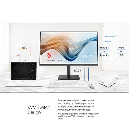MSI Modern MD272QP Business Productivity Monitor - 27" WQHD (2560x1440), 75HZ, 4ms, IPS, Adjustable Stand, Productivity Intelligence (P.I.), KVM Switch Design, Type-C Connection