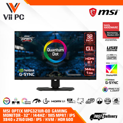 MSI Optix MPG321UR-QD Gaming Monitor - 32" 3840 x 2160 (UHD), 4K 144Hz, 1ms(MPRT), IPS, DisplayPort HDMI 2.1, NVIDIA G-Sync Compatible, Quantum Dot, HDR 600, KVM 3.0