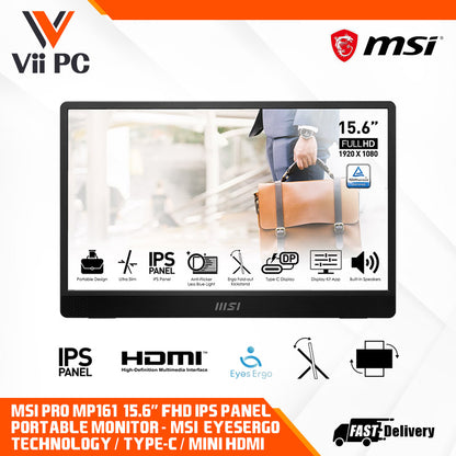 MSI PRO MP161 15.6" Full HD Portable Monitor, Portable Design, Ultra Slim Design, HDMI, Type- C Display, Built-in Speakers