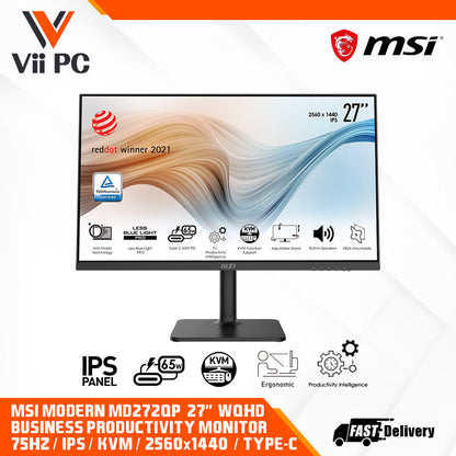MSI Modern MD272QP Business Productivity Monitor - 27" WQHD (2560x1440), 75HZ, 4ms, IPS, Adjustable Stand, Productivity Intelligence (P.I.), KVM Switch Design, Type-C Connection