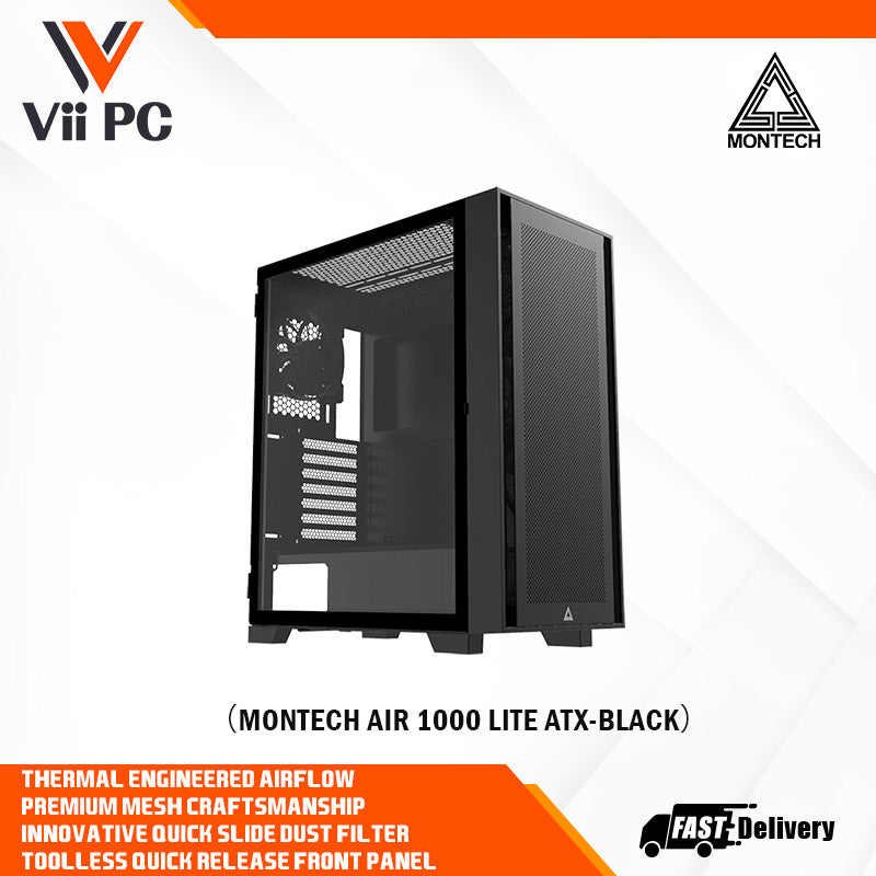 Montech AIR 1000 Lite ATX Mid Tower Case - High Airflow Fans Pre-Installed, Swivel Glass Side Panel, Mesh Front Panel