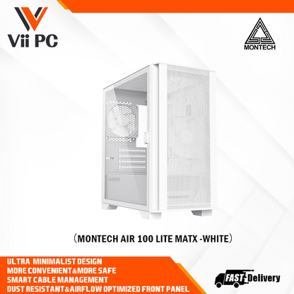 Montech AIR 100 LITE Micro-ATX Case - 2 Silent Fans, Fine Mesh Front Panel Design, Side Swivel Tempered Glass Side Panel (Black/White)