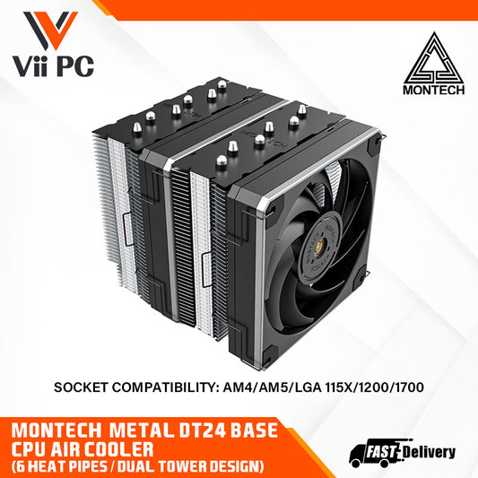 Montech METAL DT24 BASE CPU Air Cooler (Six Heat pipes and Dual Tower Design, Socket compatibility: AM4/AM5/LGA 115X/1200/1700)