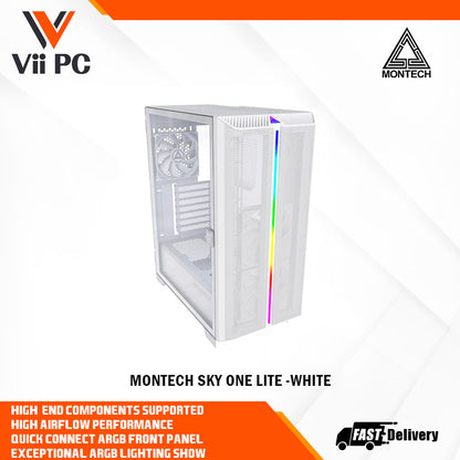 Montech SKY ONE LITE ATX Gaming Mid Tower Case - Air Performance Fine Mesh Front Panel, 3x High Airflow Fans Pre-Installed, Easy Swivel Glass Side Panel, ARGB (Black/White)
