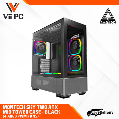 Montech SKY TWO ATX Mid Tower Case - High Airflow Performance, ARGB PWM Fans, Dust-Resistant Design
