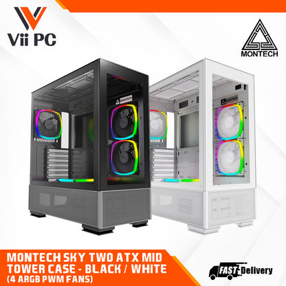 Montech SKY TWO ATX Mid Tower Case - High Airflow Performance, ARGB PWM Fans, Dust-Resistant Design