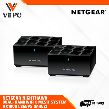 NETGEAR Nighthawk Dual-Band WiFi 6 Mesh System - AX1800 1.8Gbps (MK62), Coverage up to 3,000 sq. ft