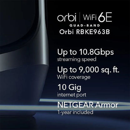 NETGEAR Orbi 960 Quad-Band WiFi 6E Mesh System - AXE11000 10.8Gbps - 3-Pack, Black (RBKE963B)