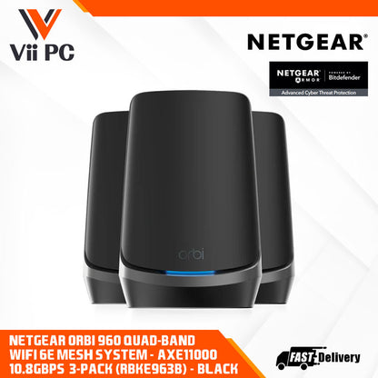 NETGEAR Orbi 960 Quad-Band WiFi 6E Mesh System - AXE11000 10.8Gbps - 3-Pack, Black (RBKE963B)