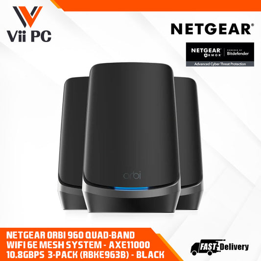 NETGEAR Orbi 960 Quad-Band WiFi 6E Mesh System - AXE11000 10.8Gbps - 3-Pack, Black (RBKE963B)