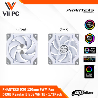 PHANTEKS D30 120mm PWM Fan, DRGB, Regular Blade, 1Pack/3Packs BLACK/WHITE