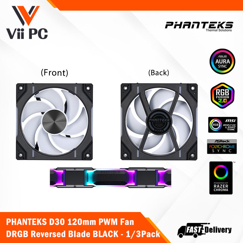PHANTEKS D30 120mm PWM Fan, DRGB, Reversed Blade, 1Fan/3Fans BLACK/WHITE